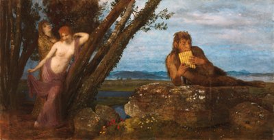 Spring Evening (Pan Playing His Flute, Reclining on a Rock, While Two Nereids Lean Lasciviously Against Tree Trunks) by Arnold Böcklin