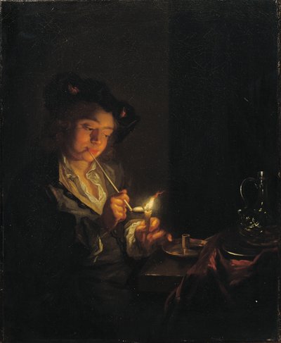 A Candlelit Interior with a Young Man Seated at a Table, Lighting His Pipe by Arnold Boonen