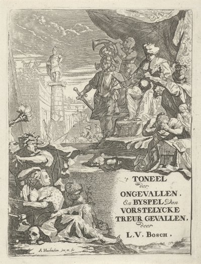 Severed Heads Before a Prince on a Throne (Title Page for: L. van den Bos, 