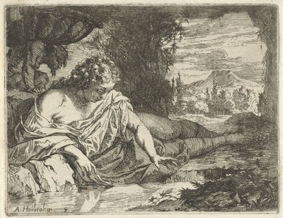Narcissus (Scene of Emblems Opened for the Service of Painters, Sculptors, etc.) by Arnold Houbraken