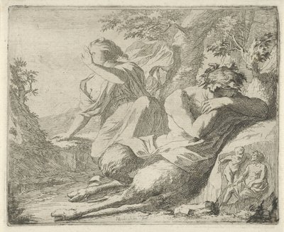 Satyr and Female Figure Covering Their Eyes Against Sunlight (series title: Scene of Emblems Opened for the Service of Painters, Sculptors, etc.) by Arnold Houbraken