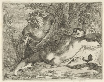 Sleeping Nymph Spied by a Satyr (Scene of Emblems series) by Arnold Houbraken