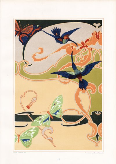 Decorative Art Nouveau Pattern with Hummingbirds and Butterflies by Arnold Lyongrün