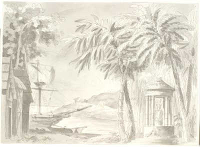 Tropical Coastal Landscape with Palms, Ship, and Small Temple (Buddha?) by Aron Wallick