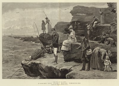 Fishing off Filey Brigg, Yorkshire (engraving) by Arthur (after) Hopkins