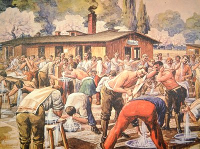 Allied prisoners of war at their ablutions in German prison camp at Geissen by Arthur (after) Nantel