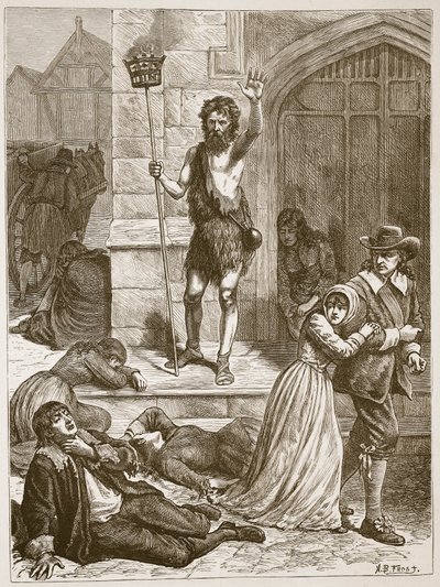 The Maniac pronouncing the doom of London during the Great Plague, illustration from 