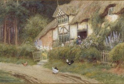 A Young Girl and Chickens by a Cottage by Arthur Claude Strachan
