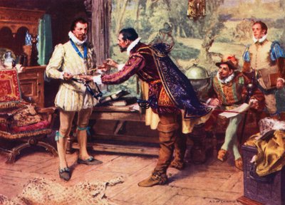 Ralph Lane, First Governor of Virginia, Presenting an Indian Pipe to Sir Walter Raleigh in 1586 by Arthur David (after) McCormick