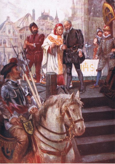 In the centre of the square a scaffold had been erected, illustration from Romance of History: The Netherlands, 1920s by Arthur David McCormick