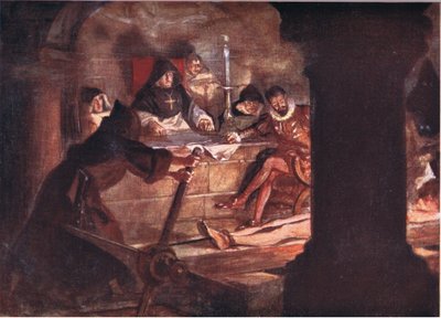 The Inquisition! Its very name was fraught with horror, illustration from Romance of History: The Netherlands, 1920s by Arthur David McCormick
