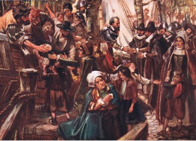 The quays were lined with famishing folk, illustration from Romance of History: The Netherlands, 1920s by Arthur David McCormick