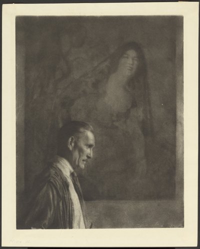 Man with Small, Neat Mustache in Profile Posed in Front of a Painting of a Woman Dressed in Spanish Costume by Arthur F. Kales