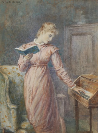A lady reading while playing the spinet by Arthur Foord Hughes