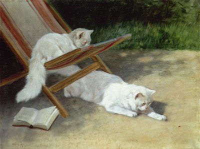 Two White Persian Cats with a Ladybird by a Deckchair by Arthur Heyer