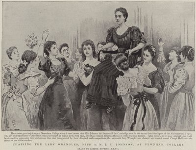 Chairing the Lady Wrangler, Miss A M J E Johnson, at Newnham College, Cambridge by Arthur Hopkins