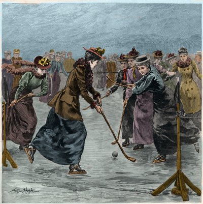 Ice Hockey: a ladies match on the lake in Wimbledon Park (later coloration) by Arthur Hopkins