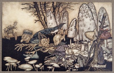 A band of workmen who were sawing down a toadstool rushed away leaving their tools behind them, from Peter Pan in Kensington Gardens by J.M. Barrie, pub. 1906 by Arthur Rackham