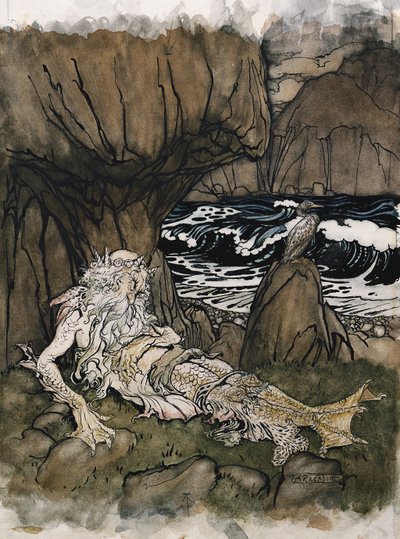 A Crowned Merman, a Sea God Sleeping on a Rocky Shore by Arthur Rackham