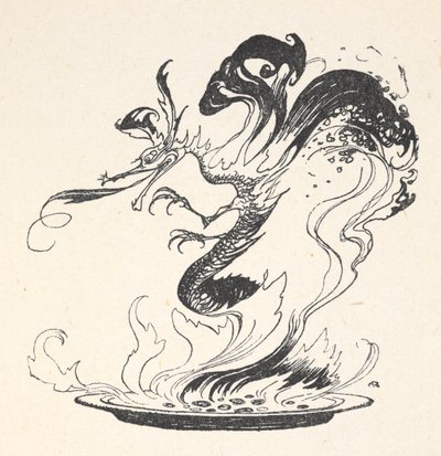 A dragon emerging from a plate of burning money by Arthur Rackham