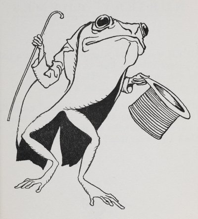A frog wearing top hat and tails, carrying a cane by Arthur Rackham