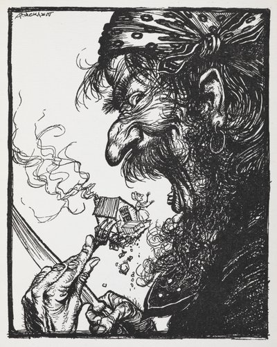 A Large Man Eating a Tiny Lady and Her House. by Arthur Rackham