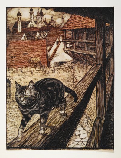 A tabby cat walking along the wooden rail of a building by Arthur Rackham