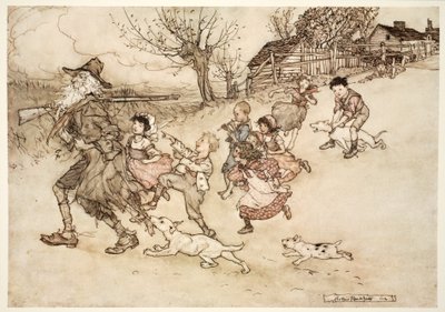 A troop of strange children ran at his heels, hooting after him and pointing at his grey beard., from Rip Van Winkle by Washington Irving, pub. 1910 by Arthur Rackham