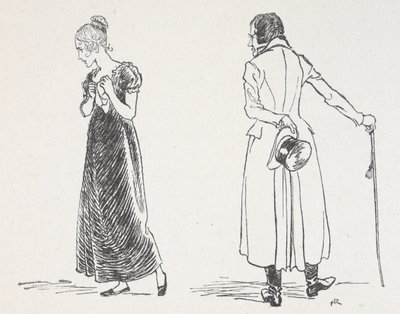 A young couple arguing, the woman having turned away clutching a handkerchief to her chest by Arthur Rackham