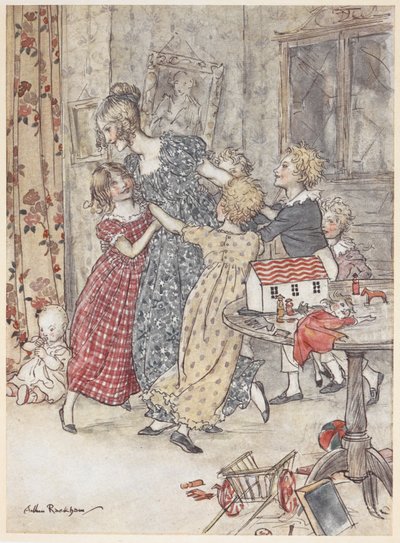 A young woman and children dancing around a playroom full of toys by Arthur Rackham