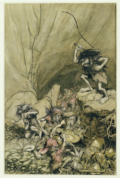 Alberich drives in a band of Nibelungs laden with gold and silver treasure, an illustration from The Rheingold and the Valkyrie by Richard Wagner, pub. 1910 by Arthur Rackham