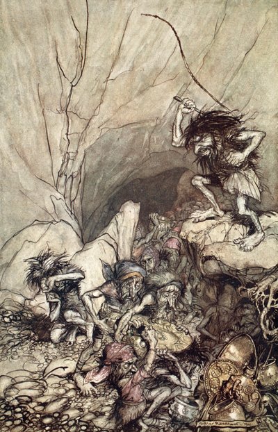 Alberich drives in a band of Nibelungs with gold and silver treasures by Arthur Rackham