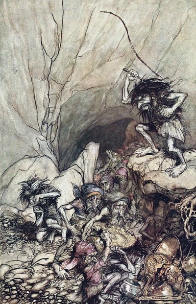 Alberich Drives in a Band of Niblungs Laden with Gold and Silver Treasure. Illustration for The Rhinegold by Arthur Rackham