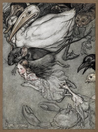 Alice and various animals swimming, including a rat, a duck, a dodo, a crow, a weasel, a crab and a chick by Arthur Rackham