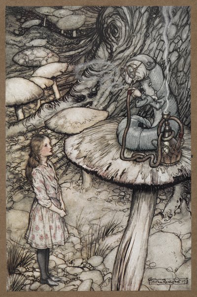 Alice talking to the Caterpillar who is sitting on a mushroom smoking a pipe by Arthur Rackham