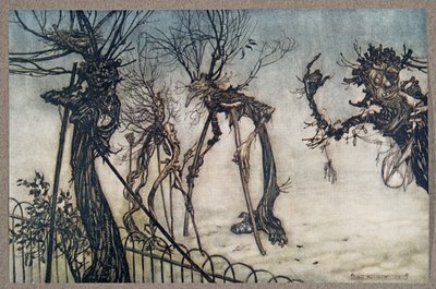 An Elderberry hobbled across the walk, and stood chatting with some young children, from Peter Pan in Kensington Gardens by J.M. Barrie, pub. 1906 by Arthur Rackham