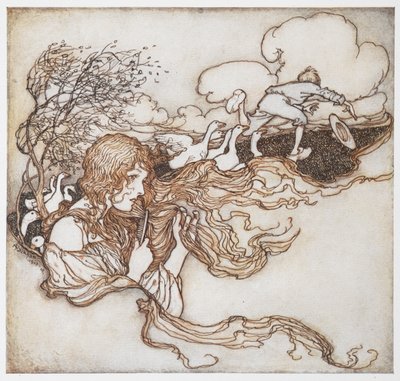 An Illustration of a Girl Brushing Her Hair with Geese and a Boy in the Background, from The Goosegirl. by Arthur Rackham