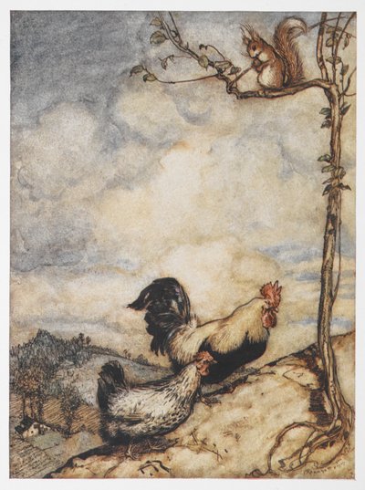 An illustration of a hen, cockerel and squirrel from The Adventures of Chanticleer and Partlet by Arthur Rackham