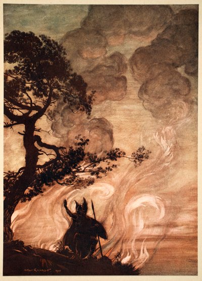 As He Moves Slowly Away, Wotan Turns and Looks Sorrowfully Back at Brunnhilde, 1910 by Arthur Rackham