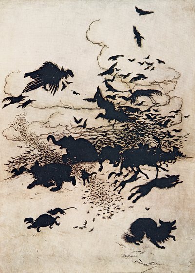 At the third sting the Fox screamed and down went his tail between his legs by Arthur Rackham