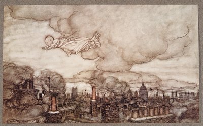Away he flew right over the houses to the Gardens, from Peter Pan in Kensington Gardens by J.M. Barrie, pub. 1906 by Arthur Rackham