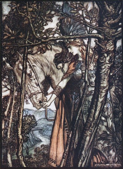 Brünnhilde leads her horse by the bridle (Illustration for The Rhinegold and The Valkyrie) by Arthur Rackham