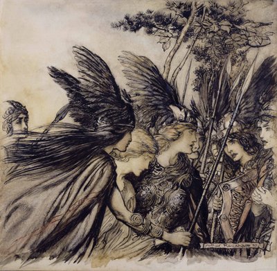 Brunnhilde Implores the Valkyries, illustration from The Rhinegold and the Valkyrie, by Richard Wagner, edition published 1910 by Arthur Rackham