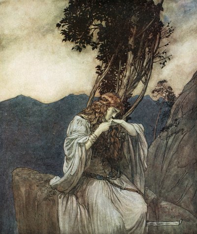 Brunnhilde Kisses the Ring that Siegfried has Left with Her by Arthur Rackham