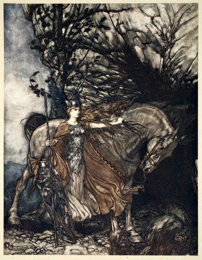 Brunnhilde with Her Horse at the Mouth of the Cave by Arthur Rackham