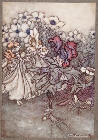 But if you look, and they fear there is no time to hide, they stand quite still pretending to be flowers, from Peter Pan in Kensington Gardens by J.M. Barrie, pub. 1906 by Arthur Rackham