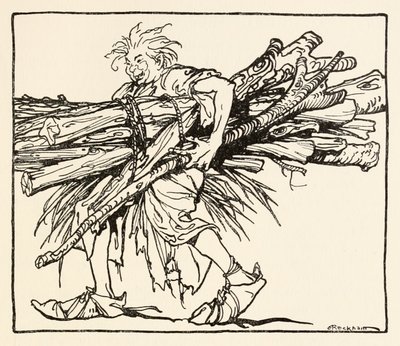 Carl building a shelter for the night, from The Carl of the Drab Coat in Irish Fairy Tales by Arthur Rackham