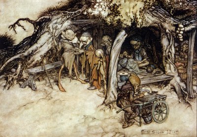 Elves make a jacket, Illustration by Arthur Rackham for The Dream of a Summer Night by William Shakespeare by Arthur Rackham