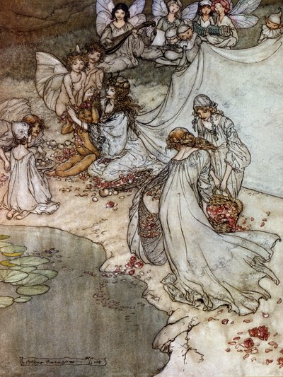 Elves making rose necklaces. Illustration by Arthur Rackham for The Dream of a Summer Night by William Shakespeare by Arthur Rackham
