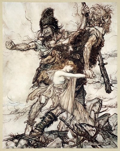Fasolt Suddenly Seizes Freia and Drags Her to One Side with Fafner, 1910 by Arthur Rackham